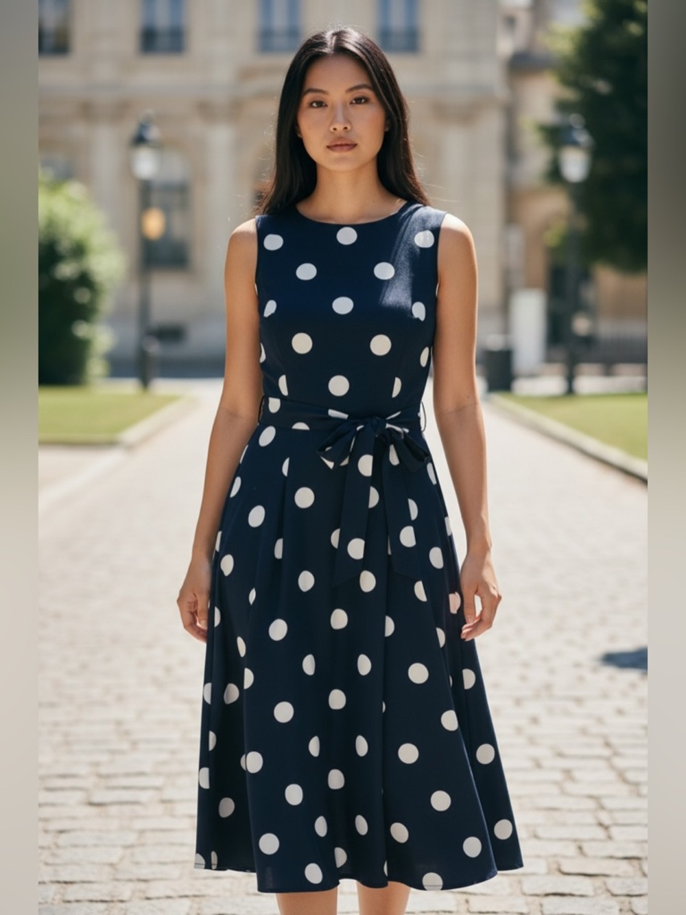 Anne Klein Polka Dot Sleeveless Dress - Navy and White, M